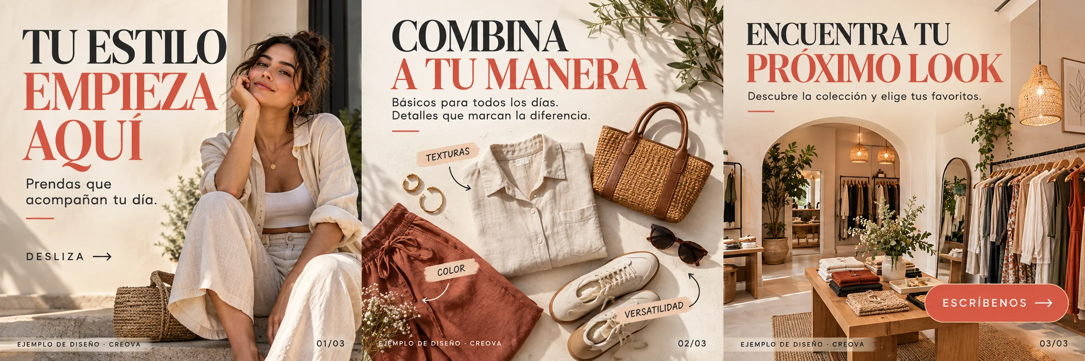 Carrusel completo de comercio: Tu estilo empieza aquí, Combina a tu manera y Encuentra tu próximo look