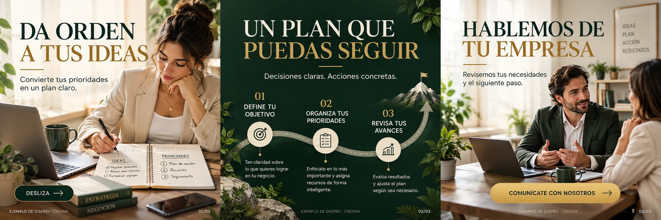 Carrusel completo de consultoría: Da orden a tus ideas, Un plan que puedes seguir y Hablemos de tu empresa