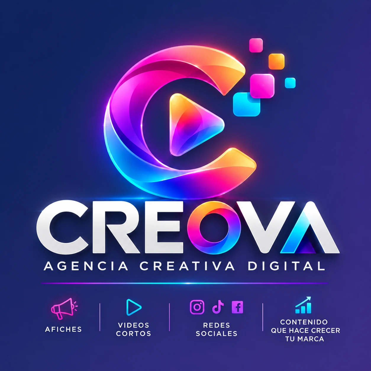 Identidad original completa de CREOVA: emblema, nombre, subtítulo y servicios, con fondo índigo