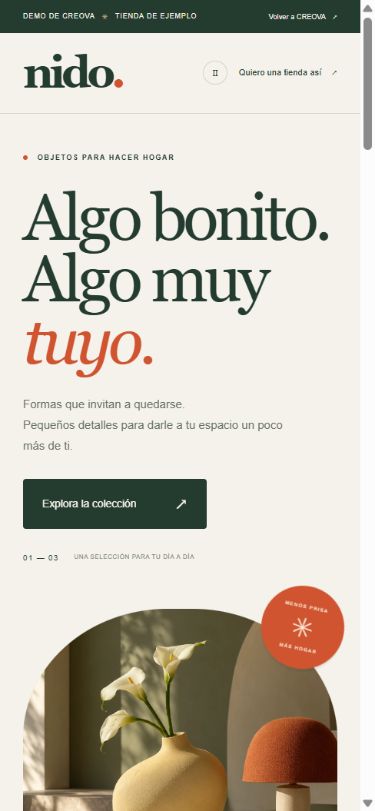 Vista real de la plantilla de tienda Nido adaptada al celular
